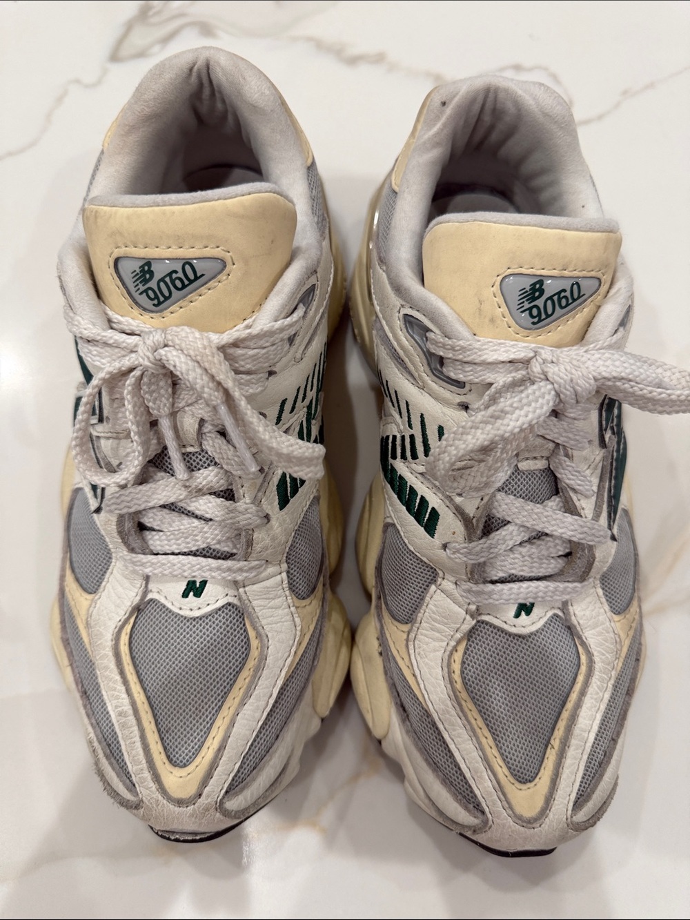 New Balance 9060 White Gray Cream Sneakers with Green Accents